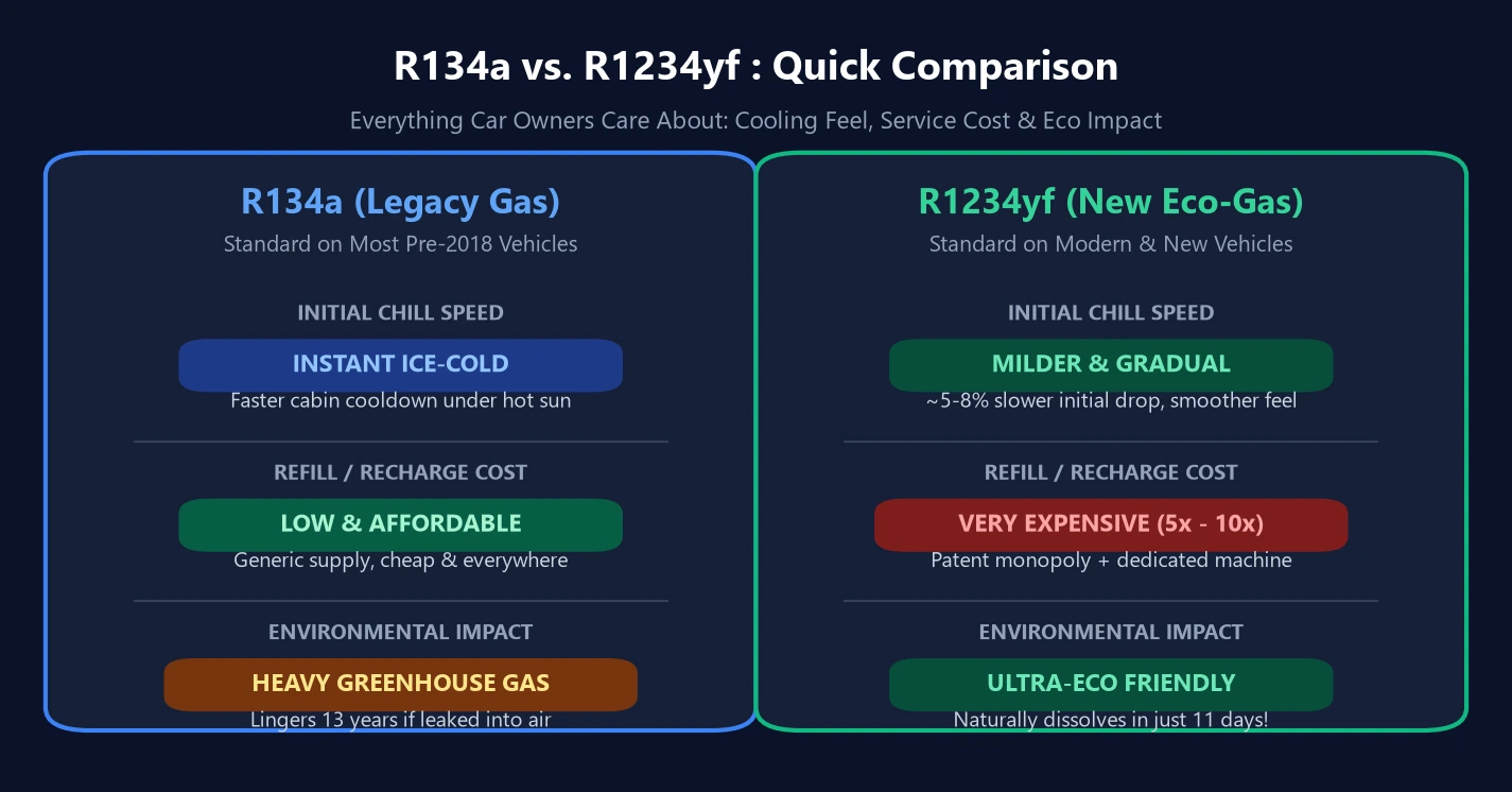 汽車冷媒 R134a 與 R1234yf 的 GWP 環保指標與蒸發潛熱比較圖