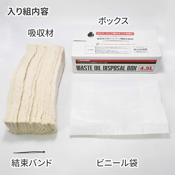 廃油処理箱内容物一覧（外箱、吸収材、ビニール袋、結束バンド）